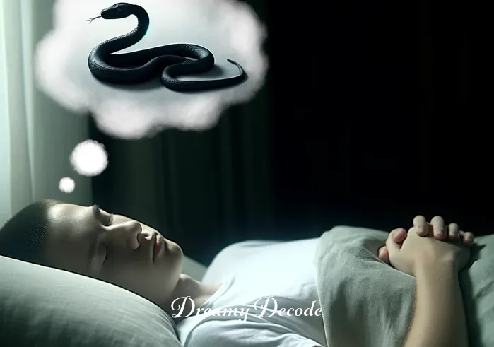 black snake in dream meaning _ A person in a dimly lit room, eyes closed and deep in sleep, with a serene expression on their face. A faint image of a black snake is superimposed over the scene, symbolizing the onset of a dream involving the snake.
