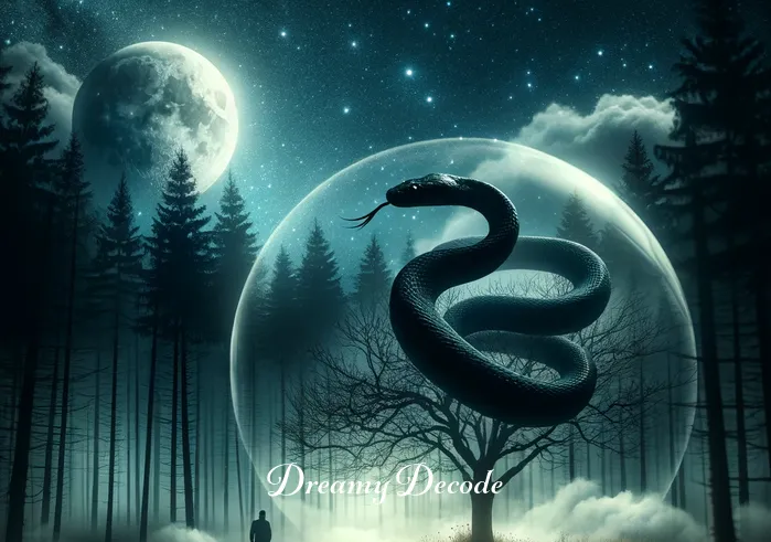 black snake in dream meaning _ A dream sequence where the same person is standing in a lush, green forest, looking curiously at a non-threatening black snake slithering peacefully among the fallen leaves, embodying exploration or discovery in the dream.