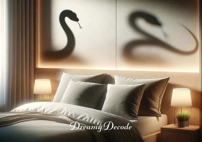 black snake in the house dream meaning _ A serene bedroom setting with a shadowy outline of a black snake coiled peacefully in the corner, symbolizing the beginning of a dream sequence.
