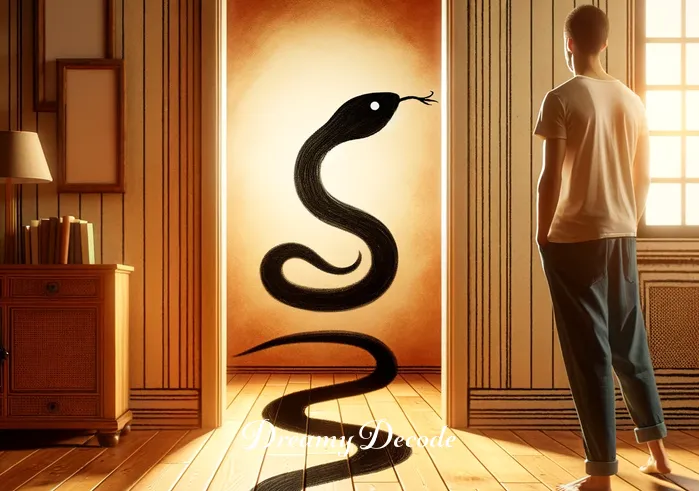 black snake in the house dream meaning _ A dreamer standing in a warmly lit hallway, gazing curiously at the gentle black snake as it slithers across the wooden floor without causing any harm.
