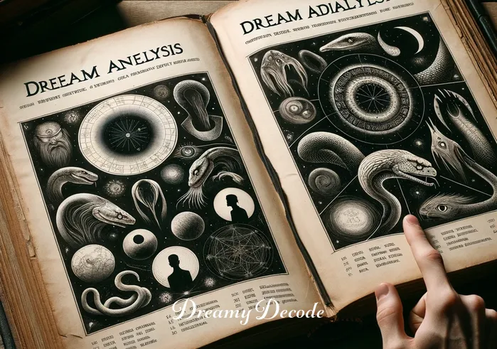 black snake in the house dream meaning _ A large, antique book lying open on a desk with illustrations of black snakes, as a hand points to a passage about interpreting snake dreams in a positive light.