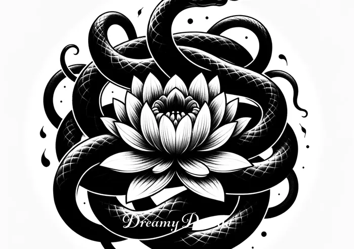 black snake in water dream meaning _ The black snake is seen coiling around a floating lotus flower, its body creating intricate loops and curves, with the flower remaining undisturbed and blooming, symbolizing a harmonious blend of nature.