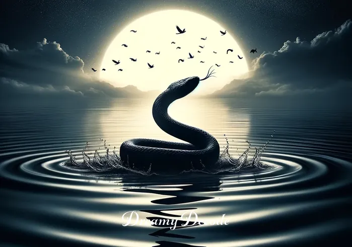 black snake in water dream meaning _ A final image of the black snake peacefully retreating into the dark depths of the pond, leaving a trail of small waves behind, as the first light of dawn breaks in the background, symbolizing awakening or enlightenment.