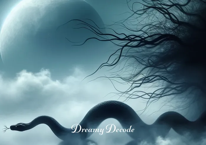 black snake meaning in dream _ A shadowy, black snake begins to materialize in the dream, slithering silently across a misty, moonlit landscape, symbolizing the emergence of subconscious fears or hidden challenges.