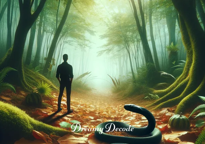 black snakes dream meaning _ A dream sequence where the black snake from the previous scene now takes a prominent role, winding through a misty, surreal landscape that blurs the line between reality and imagination. The landscape is dotted with symbols of transformation and mystery, enhancing the dream