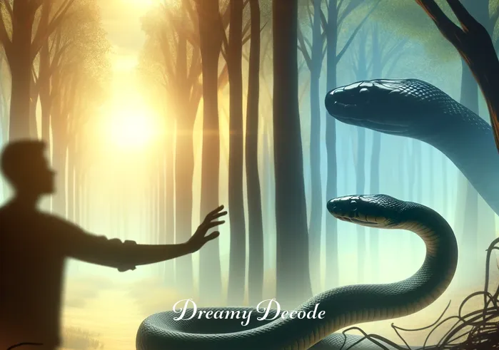 black snakes dream meaning _ The dream intensifies, showing the black snake shedding its skin, a powerful symbol of growth and renewal. The background is a vivid, dreamlike garden, representing change and rejuvenation. The scene is bathed in soft, golden light, adding a sense of warmth and positive transformation.