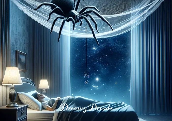 black spider dream meaning _ A serene bedroom at night with a large, realistic black spider descending from a silk thread above a sleeping person, symbolizing the beginning of a dream sequence.