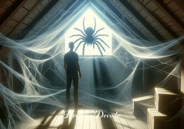 black spider dream meaning _ The dream transitions to the person standing in a sunlit, cobweb-filled attic, facing a harmless black spider, representing an encounter with fears or hidden aspects of the self.