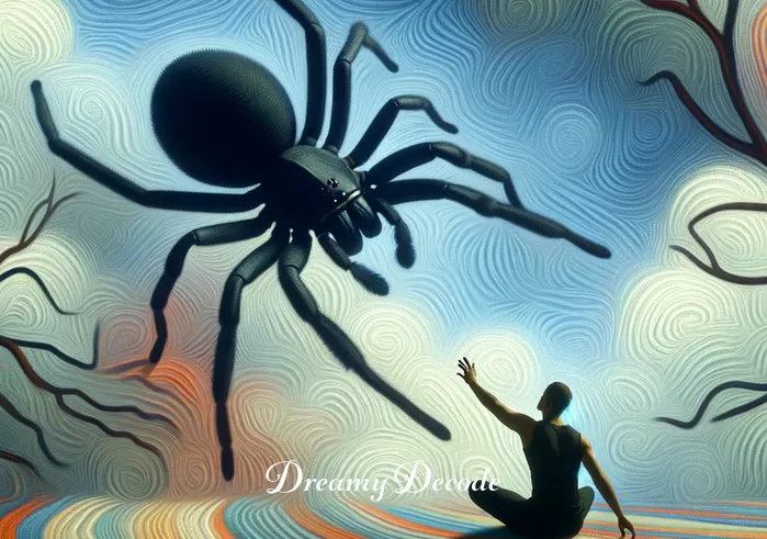 black spider dream meaning _ The person in the dream reaches out to touch the spider, symbolizing acceptance and understanding of the darker parts of one’s psyche.