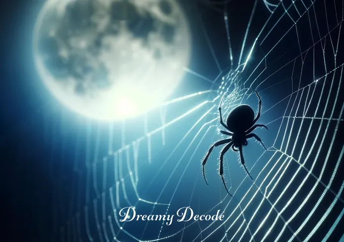 black spider in dream meaning _ A black spider delicately spinning its web in the corner of a moonlit room, the threads glinting in the soft light.