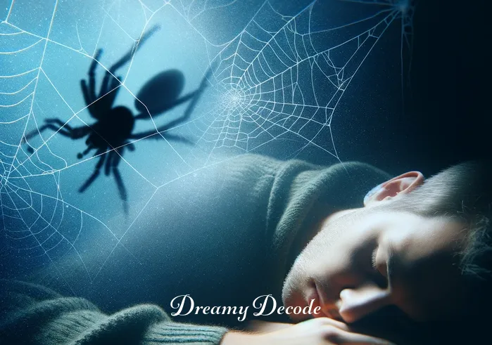 black spider in dream meaning _ A person sleeping peacefully, with a faint shadow of a spider web overlaying the dream sequence in the background.