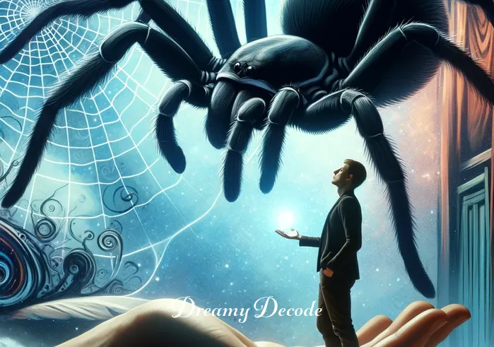 black spider in dream meaning _ The dream sequence evolving, showing the person confidently facing a non-threatening black spider in the palm of their hand.