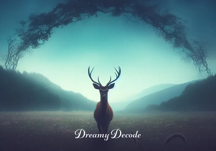 deer attack dream meaning _ A serene meadow at dusk with a lone, majestic deer standing alert, symbolizing the beginning of a dream sequence where one confronts the wild aspects of their subconscious.