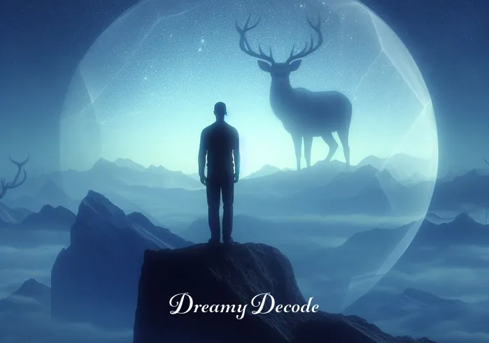 deer attack dream meaning _ A person in the dream stands at a distance, observing the deer, representing the moment of recognition and self-awareness in the dream where confrontation is imminent.