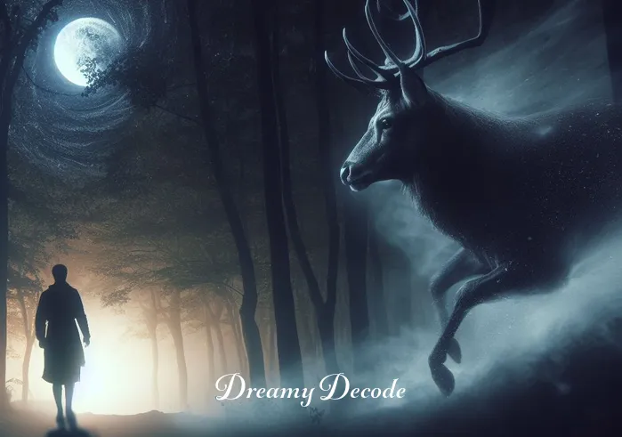 deer attack dream meaning _ The dream shifts as the deer charges, a metaphor for facing challenges or fears, yet the scene is depicted without menace, capturing the intensity of the moment in a dream.