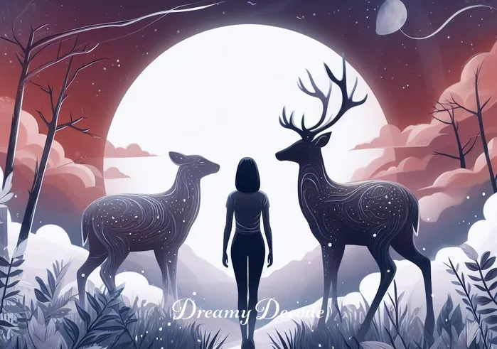 deer attack dream meaning _ The final image shows the person and deer post-confrontation, standing peacefully, reflecting the resolution and understanding that comes from facing and overcoming personal trials in dreams.
