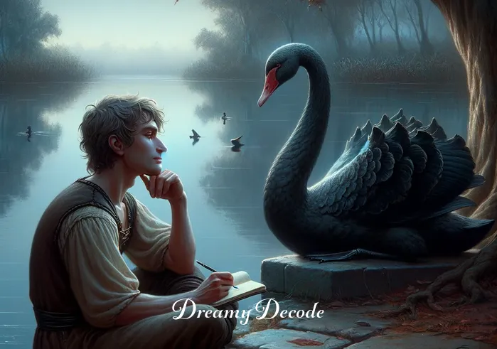 black swan dream meaning _ The dreamer, now seated by the lake, reflecting on the encounter with the black swan, with a peaceful expression and a notebook in hand, jotting down thoughts.