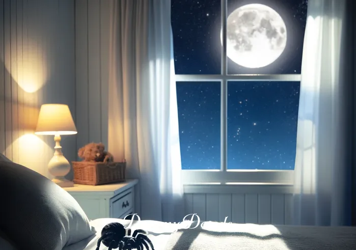 black tarantula dream meaning _ A person peacefully sleeping in a moonlit room, with a small, non-threatening black tarantula perched on the windowsill, casting a shadow on the curtain.
