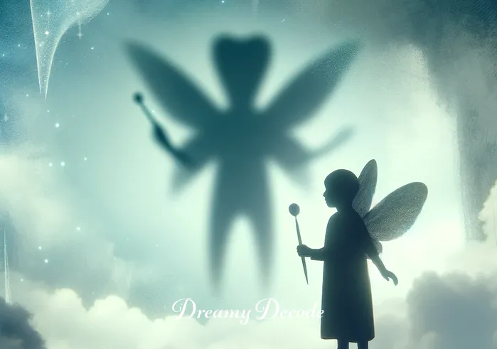 black teeth dream meaning _ A dream sequence showing the same person asleep, with a shadowy figure of a tooth fairy holding a wand, symbolizing the subconscious mind processing dental health fears.