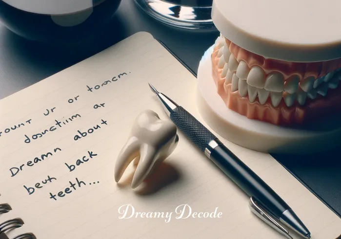 black teeth dream meaning _ A depiction of a notebook beside a dental model, where the person is jotting down their dream about black teeth, suggesting introspection and the search for meaning in their dreams.