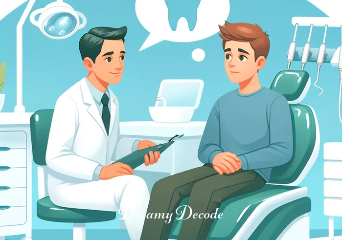 black teeth dream meaning _ An image of a comforting conversation with a dentist in a bright, friendly clinic, where the person is discussing their dream, representing seeking professional insight into their anxieties.