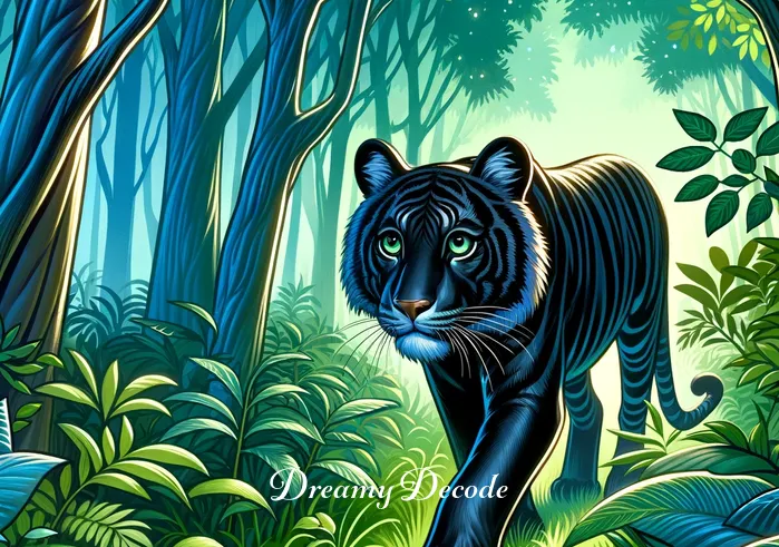 black tiger dream meaning _ A black tiger walking through a dense jungle with a curious expression, symbolizing the beginning of a journey or the search for understanding in a dream.