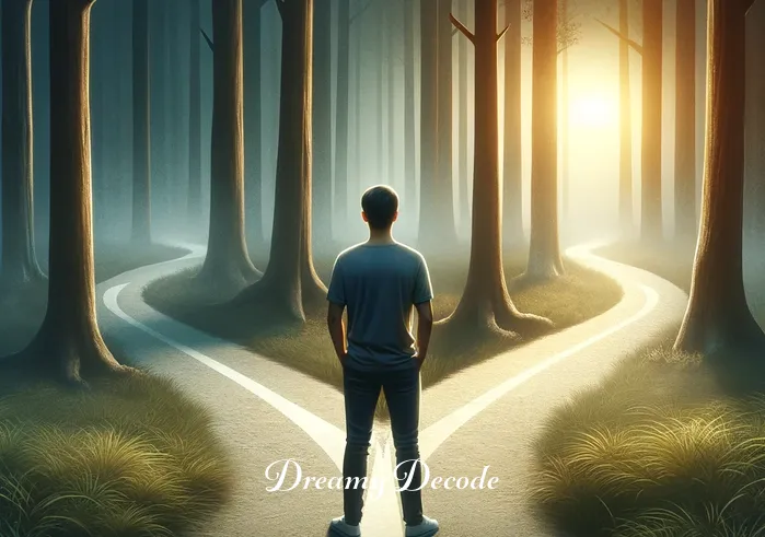 black tiger dream meaning _ A person standing at a fork in a forest path, looking thoughtfully at two directions, one path leading towards a sunny clearing and the other continuing into the dark woods, representing decision-making in a dream.