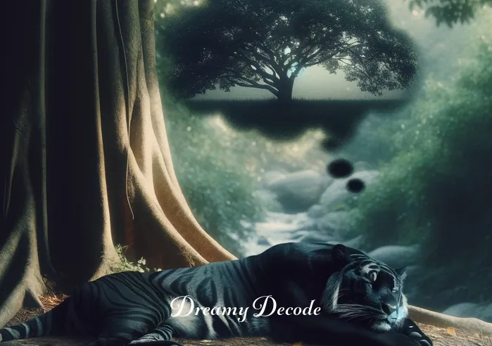 black tiger dream meaning _ The same black tiger from the first image now lying peacefully under a tree, with its eyes closed as if in deep sleep or meditation, suggesting introspection and self-discovery in a dream.