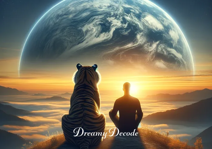 black tiger dream meaning _ A person and the black tiger sitting side by side atop a hill, gazing at the horizon where the sunrise meets the earth, denoting the achievement of clarity or enlightenment in a dream.