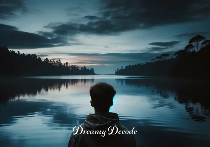 black water dream meaning _ A person stands at the edge of a serene lake under a twilight sky, gazing at the dark, almost black water reflecting the fading light. The scene conveys a sense of introspection and calm, with the surrounding nature appearing still and quiet.