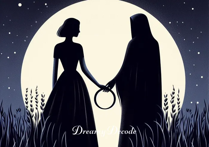 black wedding dress dream meaning _ Finally, the woman and the mysterious figure are seen standing under a moonlit sky, holding hands. They are surrounded by a circle of light, representing acceptance, understanding, and the realization of deeper truths found within the unconventional choice of a black wedding dress.