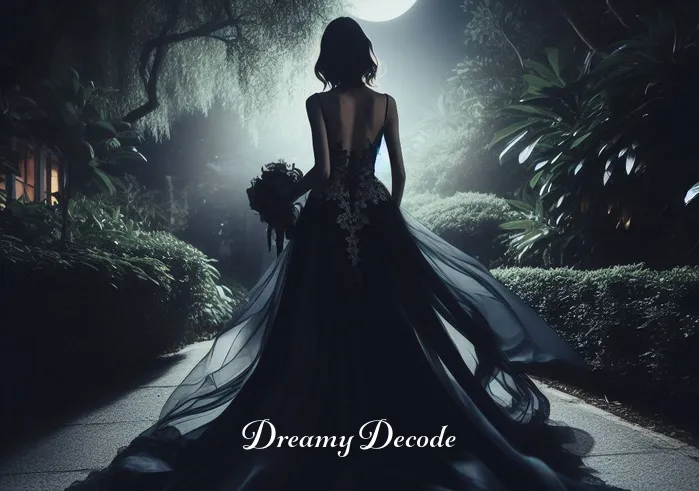 black wedding dress meaning in a dream _ A woman in a flowing black wedding dress stands in a lush garden under moonlight, symbolizing the beginning of a journey in a dream. The dress