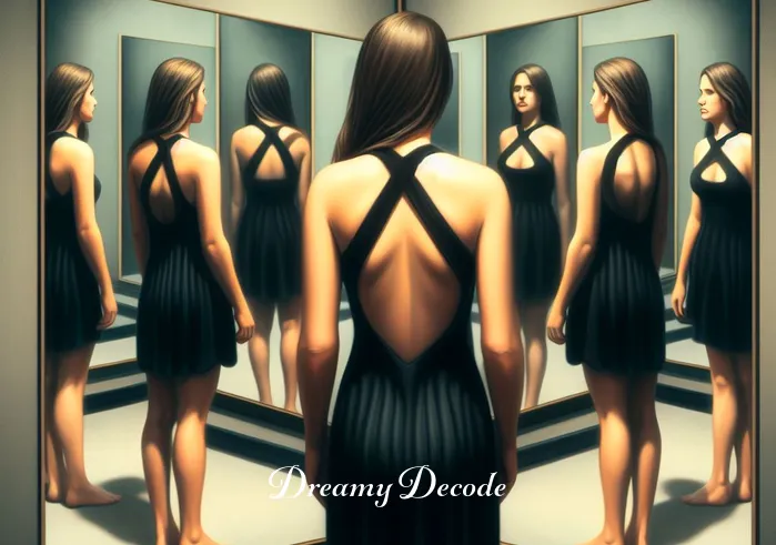 black wedding dress meaning in a dream _ The same woman, now in a mirrored room, sees her reflection multiplied. The black dress reflects differently in each mirror, suggesting the exploration of different facets of oneself or a situation, in line with dream symbolism.