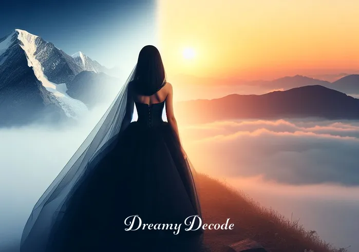 black wedding dress meaning in a dream _ The final image shows the woman in the black wedding dress reaching a mountaintop at dawn. The first light breaks, symbolizing enlightenment and resolution in the dream journey, with the black dress standing out against the morning sky.