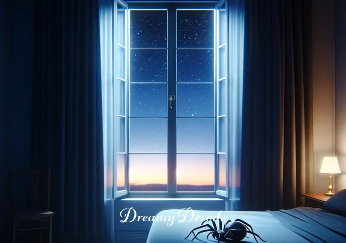 black widow dream meaning _ A serene bedroom at dusk with a large, open window revealing a starry sky. On the windowsill, a small, realistic black widow spider sits, casting a shadow on the curtain. The room is calm and undisturbed, suggesting a peaceful beginning to a dream.