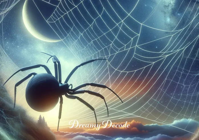 black widow dream meaning _ A dreamlike, surreal landscape where the black widow spider from the windowsill has grown to a larger, yet non-threatening size. It