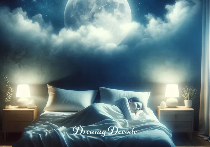 dog attack dream meaning _ A serene bedroom setting at night with a person peacefully sleeping under soft, moonlit covers. Dream-like wisps of cloud float above, hinting at the beginning of a dream sequence.