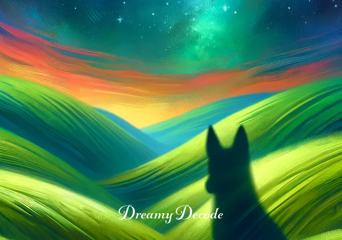 dog attack dream meaning _ The dream transitions to a vibrant, surreal landscape, with rolling green hills under a starry sky. A shadowy figure of a dog appears in the distance, its form slightly blurred and dreamlike, evoking a sense of intrigue and mild apprehension.