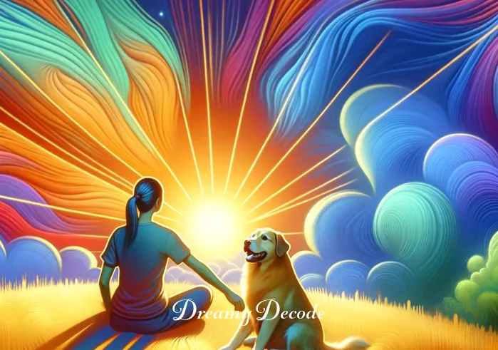 dog attack dream meaning _ The dream scene shifts to a calming resolution: the dog sits beside the dreamer in the vibrant landscape, now radiating a sense of companionship and protection. This represents overcoming fear and finding peace, aligning with the positive interpretation of a dog attack in dreams.