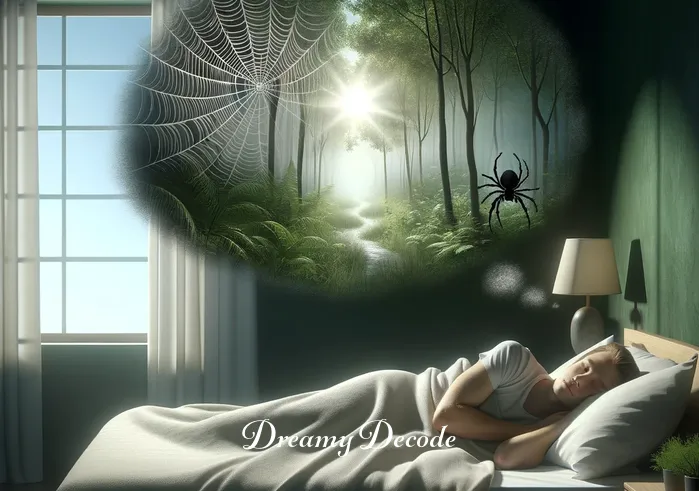 black widow in dream meaning _ A person lying peacefully in bed, eyes closed, with a faint smile. Above their head, a dream bubble appears, showing a serene forest landscape with a silken web glinting in the sunlight, hinting at the presence of a black widow spider, symbolizing upcoming transformation or rebirth in the dreamer