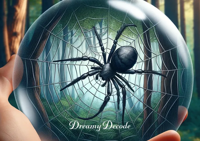 black widow in dream meaning _ The dream scene transitions to a close-up view inside the dream bubble, revealing a black widow spider skillfully weaving its web. The spider moves with purpose and precision, symbolizing the dreamer