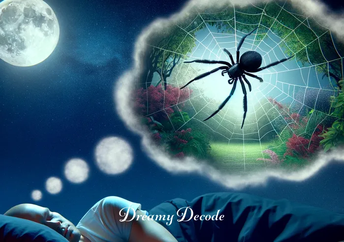 black widow spider dream meaning _ A vivid dream sequence showing a person lying in bed, eyes closed, with a translucent thought bubble above their head. Inside the bubble, a black widow spider is gracefully spinning a web in a moonlit, serene garden, symbolizing the beginning of a complex dream journey.
