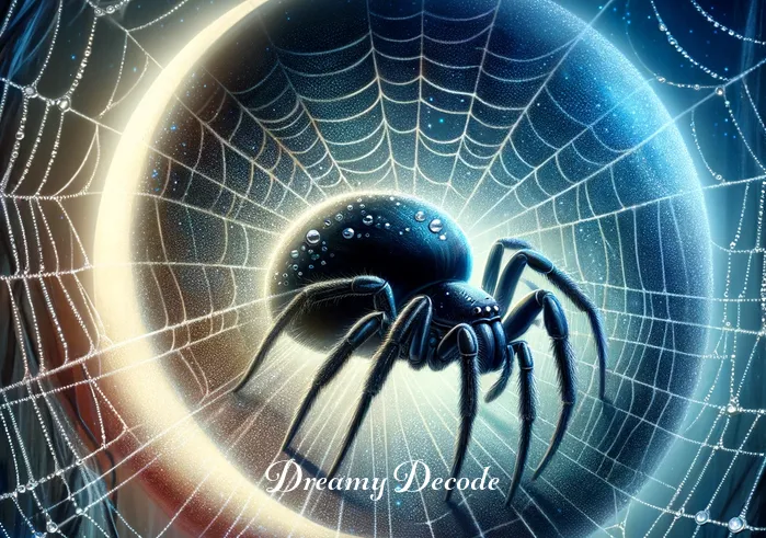 black widow spider dream meaning _ The dream progresses to show the black widow spider in the center of its intricate web, glistening with dew under a crescent moon. The spider