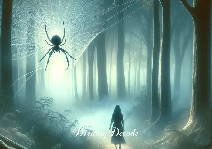 black widow spider dream meaning _ Transitioning, the dreamer is now seen walking through a misty forest in the dream. They cautiously approach the spider