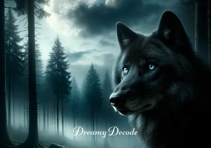 black wolf dream meaning _ A black wolf standing at the edge of a misty forest under a moonlit sky, its eyes reflecting the moonlight, creating an aura of mystery and introspection.