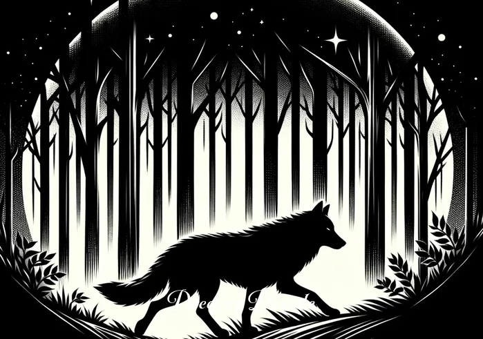 black wolf dream meaning _ The black wolf begins to move through the forest, its silhouette gracefully blending with the shadows of the trees, symbolizing a journey through the unknown.