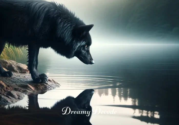black wolf dream meaning _ The wolf pauses beside a serene lake, gazing at its reflection in the water, representing self-discovery and contemplation in the dream.