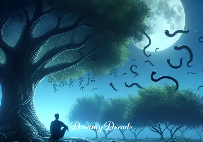 black worms dream meaning _ The dreamer, now sitting under a large, wise-looking tree in the garden, is shown intently observing the black worms, representing deeper contemplation and understanding of their dreams and subconscious.