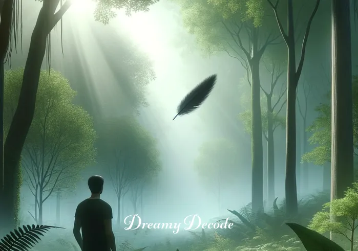 dead black bird dream meaning _ A dreamer standing in a peaceful, misty forest, looking intrigued at a black feather gently falling from the sky, symbolizing the start of a transformative dream journey. The forest is lush, with sun rays filtering through the canopy, creating a serene atmosphere.