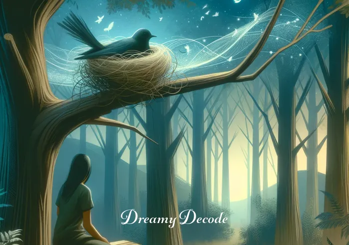 dead black bird dream meaning _ The same dreamer, now observing a nest on a tree branch, where a motionless black bird lies. The scene is serene and natural, with no signs of violence, conveying a sense of natural transition and reflection in the dream.